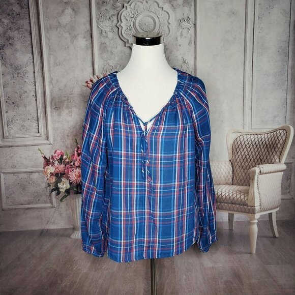 GAP Blue Red White Plaid Keyhole Blouse Women’s Size Small - Picture 3 of 7